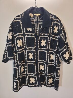 Sandstone Black & Cream Knit Crocheted Short-Sleeve Button-Down Shirt - XL